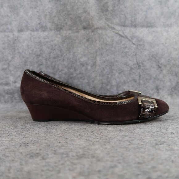 Michael Kors Shoes Women 8.5 Wedge Pump Leather Fashion Ballet Flat Brown Buckle - Picture 2 of 14